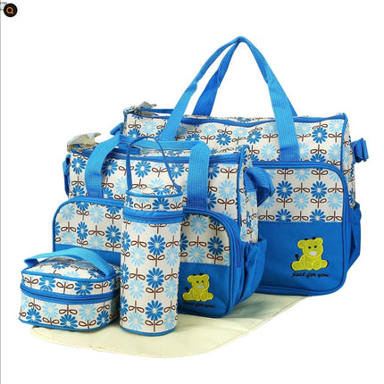 5PCS Baby Nappy Diaper Bags Set Mummy Diaper Shoulder Bags W Nappy Changing Pad Insulated Pockets Travel Tote Bags DS World