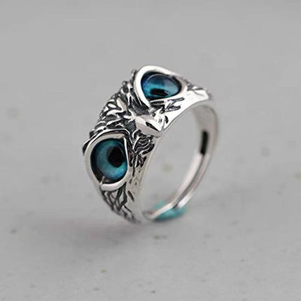 Plain Silver Retro Blue Glasses Owl Jewelry Ring Men And Women Design Owl Ring