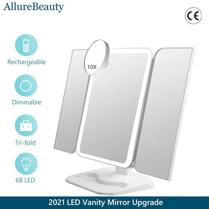 Trifold Makeup Mirror With Light 68 LED Vanity Mirrors 10X Magnifying 180Rotation DS World