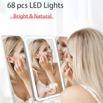 Trifold Makeup Mirror With Light 68 LED Vanity Mirrors 10X Magnifying 180Rotation DS World