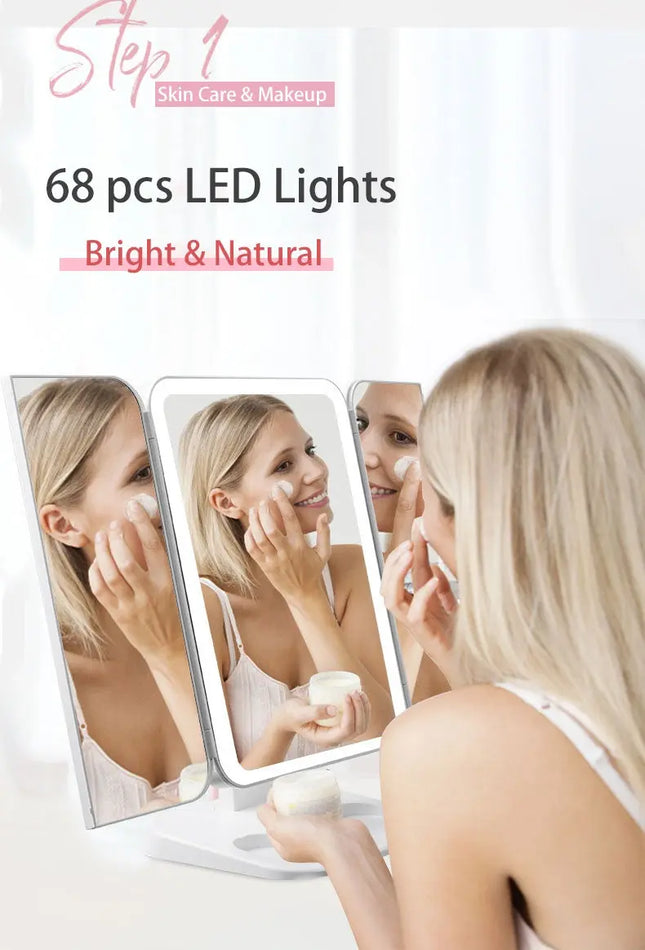 Trifold Makeup Mirror With Light 68 LED Vanity Mirrors 10X Magnifying 180Rotation DS World