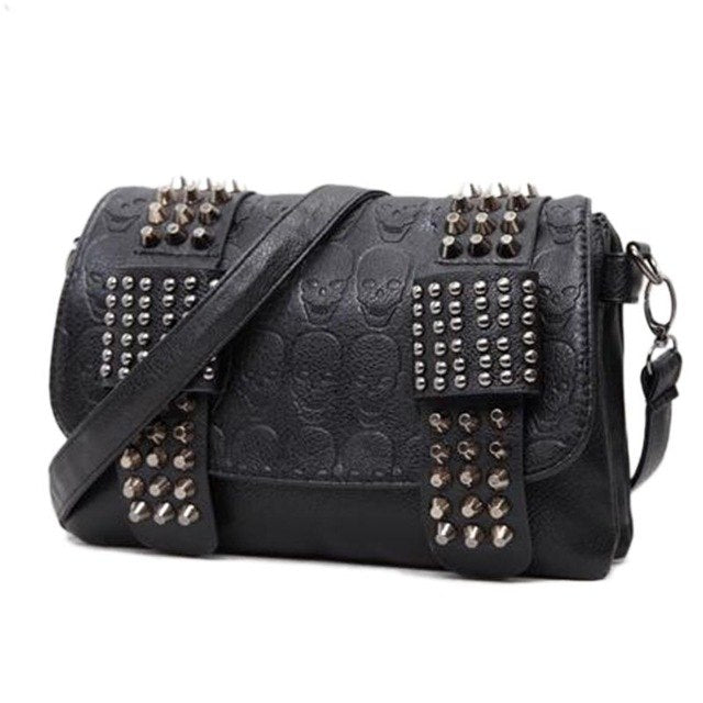 Fashion Women Black Leather Messenger Bags Fashion Vintage Messenger Cool Skull Rivets Shoulder Bags DS World