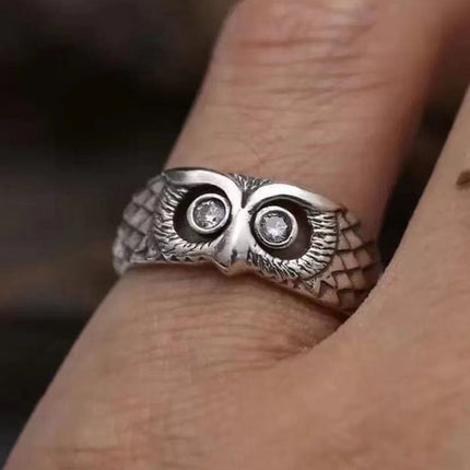Plain Silver Retro Blue Glasses Owl Jewelry Ring Men And Women Design Owl Ring