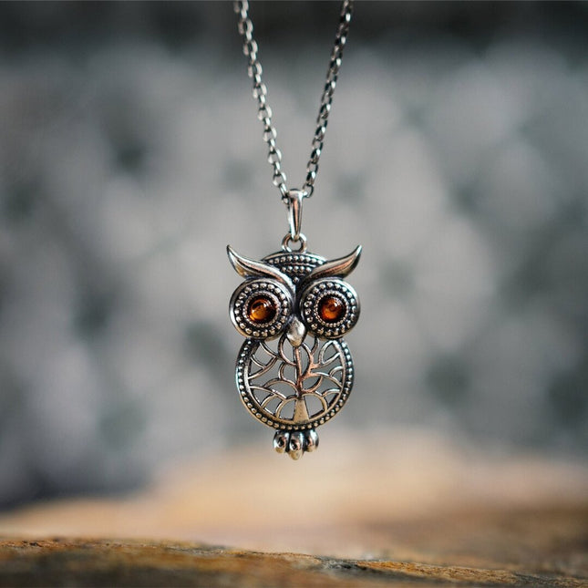 Retro New Ruby Tree Of Life Owl Necklace