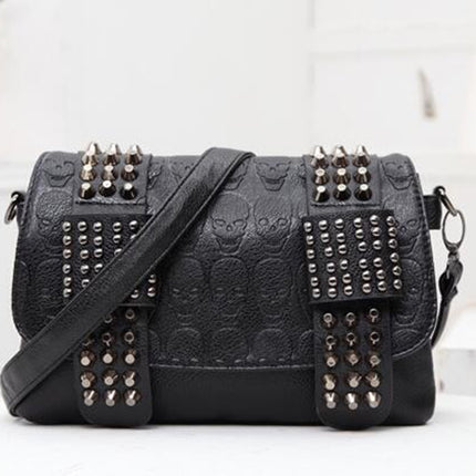 Fashion Women Black Leather Messenger Bags Fashion Vintage Messenger Cool Skull Rivets Shoulder Bags DS World