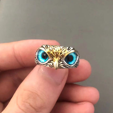 Plain Silver Retro Blue Glasses Owl Jewelry Ring Men And Women Design Owl Ring