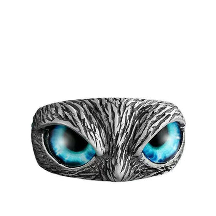 Plain Silver Retro Blue Glasses Owl Jewelry Ring Men And Women Design Owl Ring