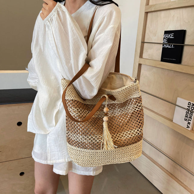 Summer Stripe Straw Sholder Bags With Tassel Pendant Fashion Large Capacity Seaside Vacation Beach Bags DS World
