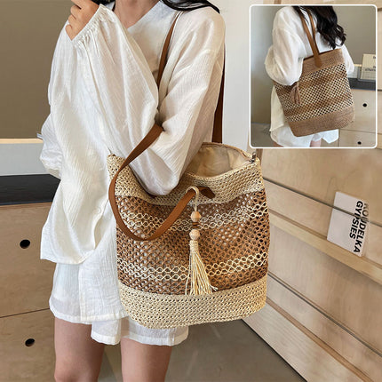 Summer Stripe Straw Sholder Bags With Tassel Pendant Fashion Large Capacity Seaside Vacation Beach Bags DS World