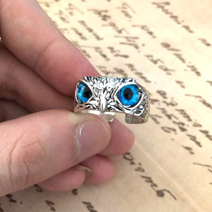 Plain Silver Retro Blue Glasses Owl Jewelry Ring Men And Women Design Owl Ring